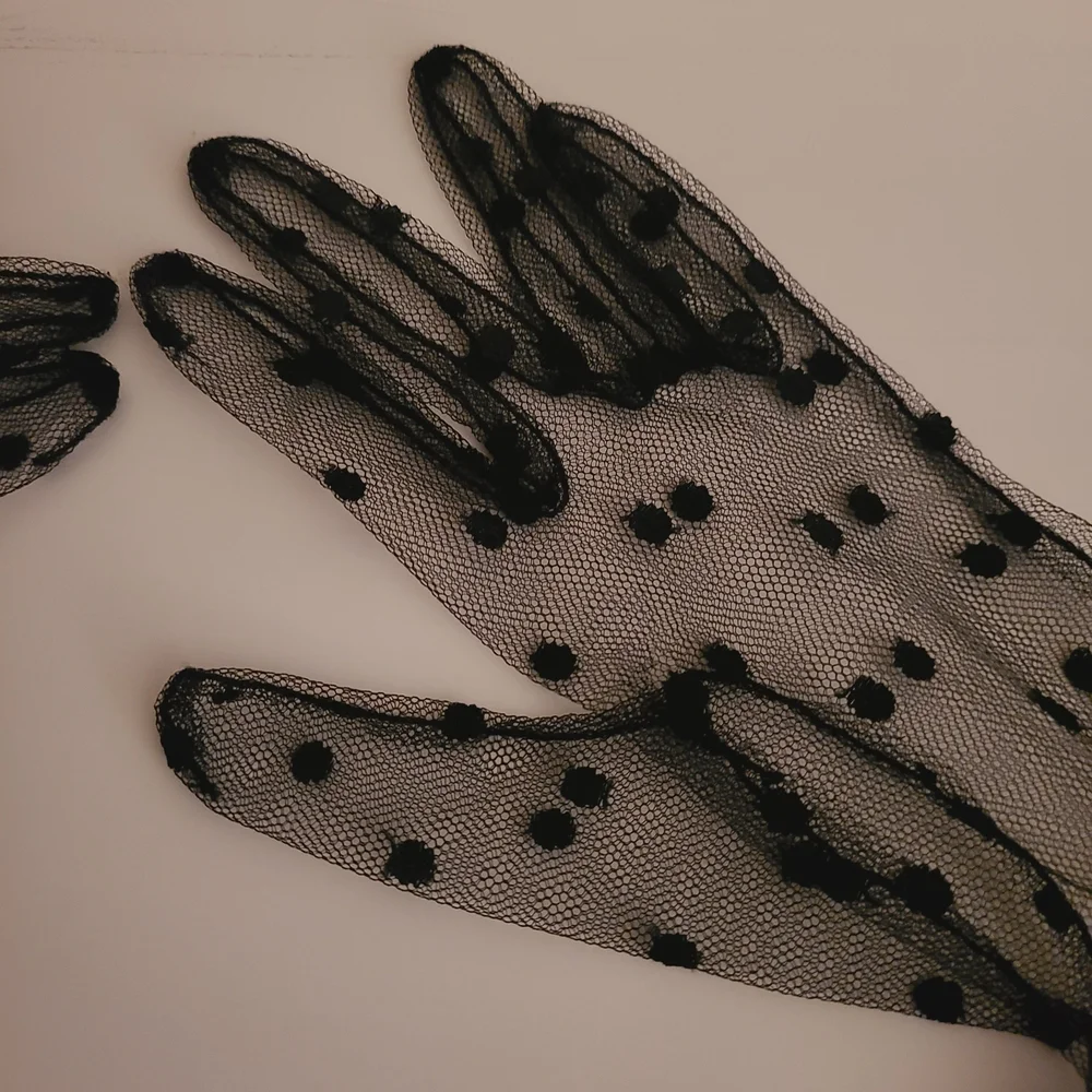 Vintage 1990s Sheer Black Polka Dot Tulle Gloves With Ruffled Cuffs